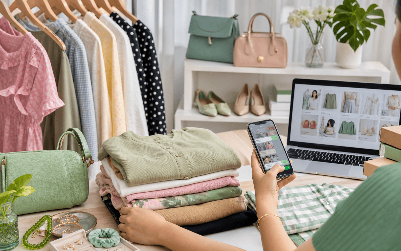 Fashion နှင့် အသုံးအဆောင် ကုန်ပစ္စည်းများကို စနစ်တကျ ပြသထားသော ဆိုင်မြင်ကွင်း