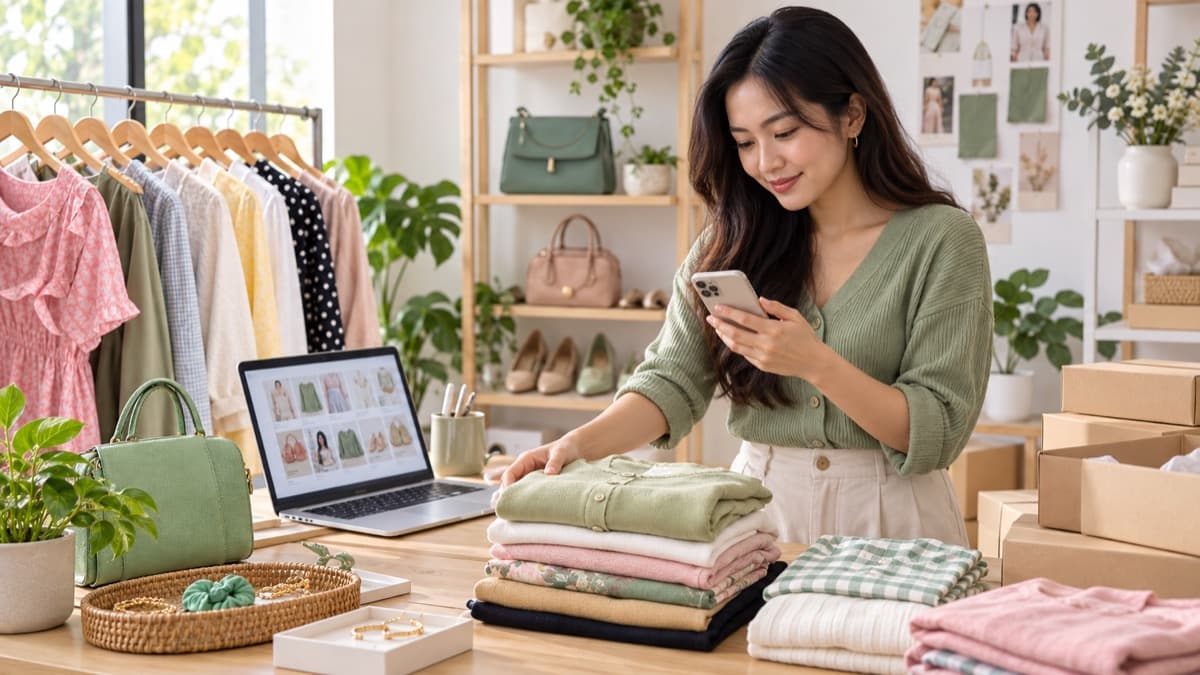 Fashion နှင့် အသုံးအဆောင် ကုန်ပစ္စည်းများကို စနစ်တကျ ပြသထားသော ဆိုင်မြင်ကွင်း